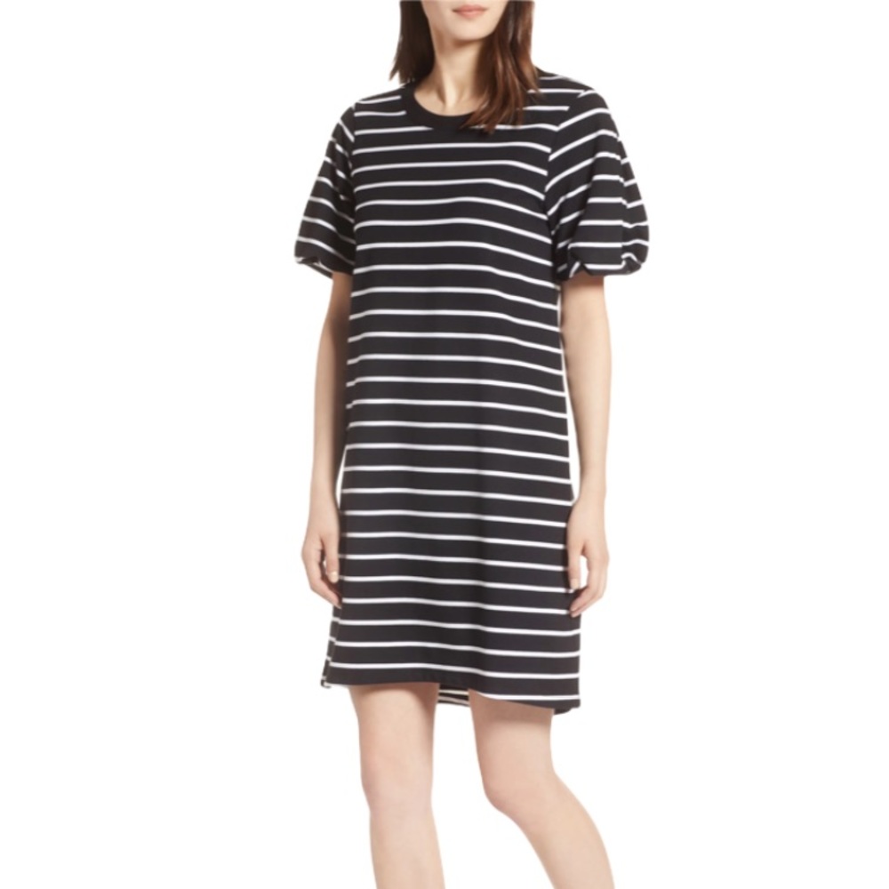 Halogen Black White Striped Bubble Sleeves Dress Womens Medium NEW